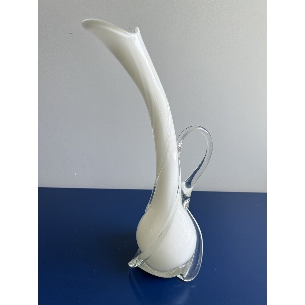 Vintage Hand Blown White Pitcher Vase 15"
